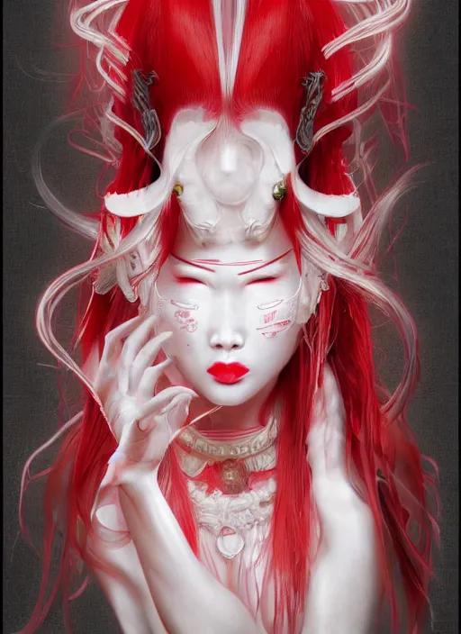 Image similar to albino maiko with very long fantasy hair, fluent composition, red and white neon, concept art, ambient light, 4 k, intricate details, highly professionally detailed, cgsociety, highly detailed -