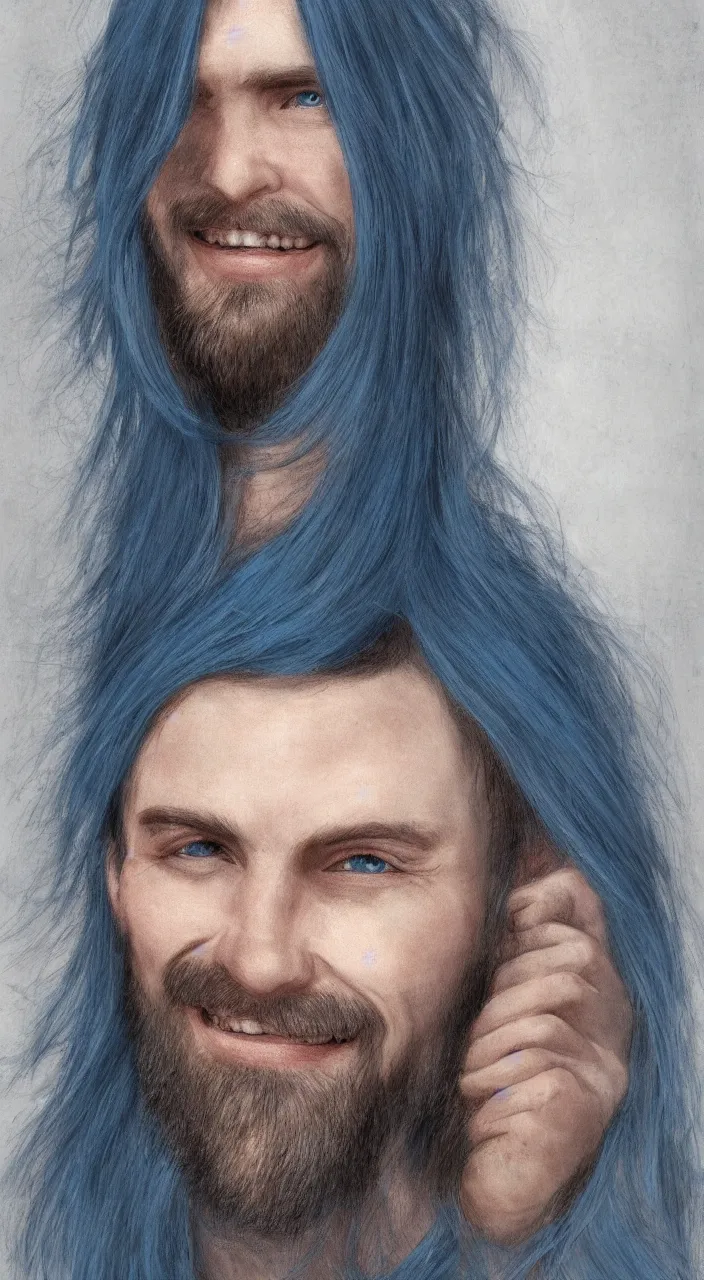 Image similar to a man with long blue hair and a goatee : : human face, blue eyes, pale skin, smiling slightly, looking towards camera : : portrait : : photorealistic