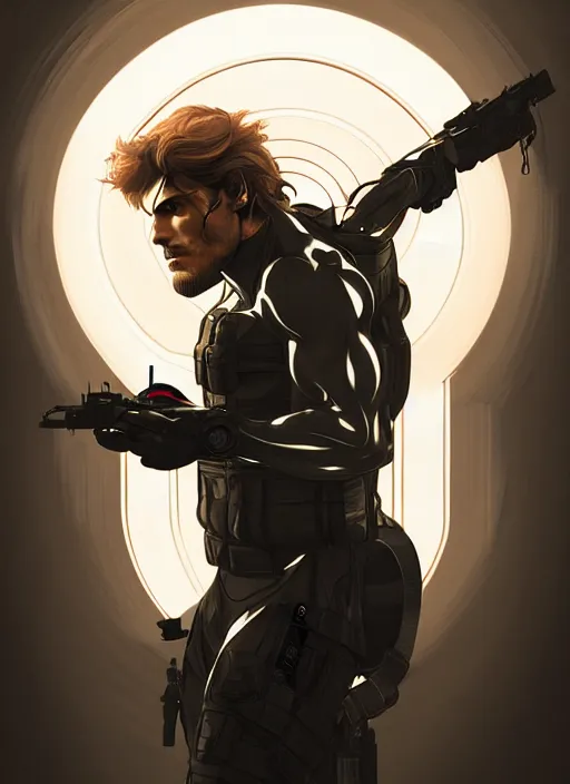 Image similar to symmetry!! portrait of solid snake, metal gear solid, tech wear, glowing lights!! intricate, elegant, highly detailed, digital painting, artstation, concept art, smooth, sharp focus, illustration, art by artgerm and greg rutkowski and alphonse mucha