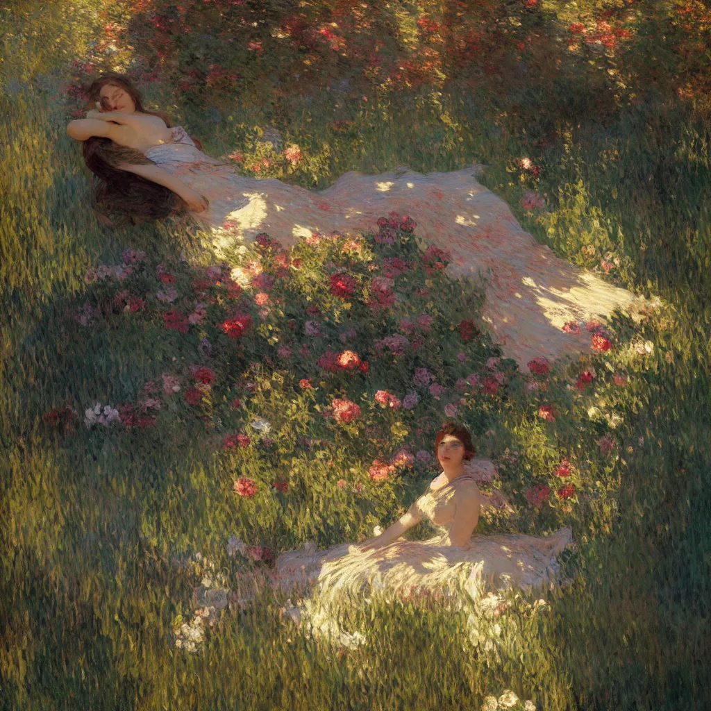 Image similar to illustration studio of a beautiful girl in an artistic pose resting in nature, monet painterly motives and textures pattern, hyper detailed, octane render, vivid colors, artstation, by jeremy mann, by alphonse mucha, by monet