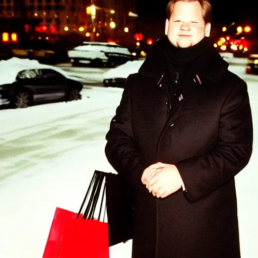 Image similar to 1 9 9 8 andy richter wearing a black wool coat and necktie standing on the streets of chicago at night in winter, holding shopping bags gifts, dynamic lighting, holiday season.