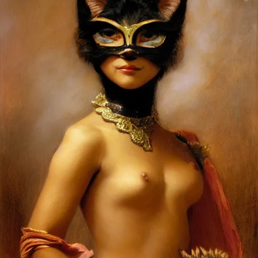 Prompt: detailed potrait 8 0 s srilankan girl with cat woman mask in baroque painting, girl graceful,, painting by gaston bussiere, craig mullins, j. c. leyendecker, lights, art by ernst haeckel, john william godward, hammershøi,,