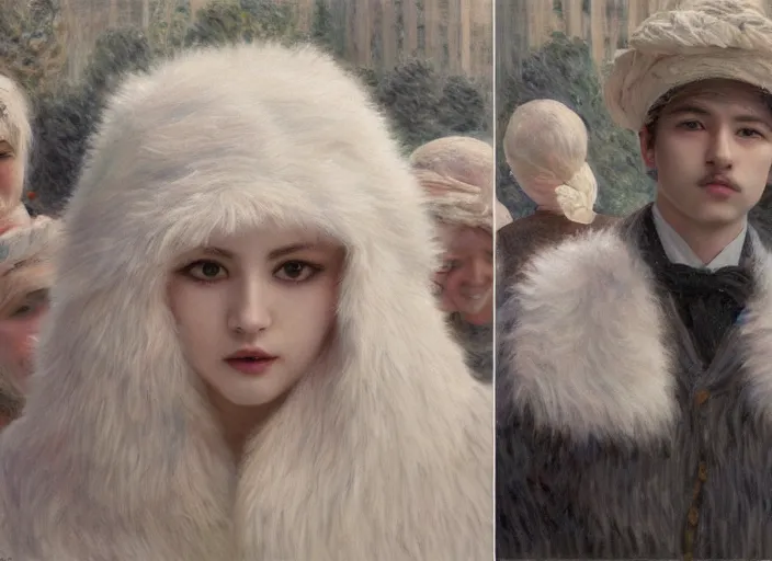 Image similar to people with white fur outside office, portrait face, in the style of jeremy enecio, intricate, miles johnston, monet, cynical realism, john william godward, painterly, yoshitaka amano, miles johnston, louise zhang, pekka halonen, finnish naturalism, realism