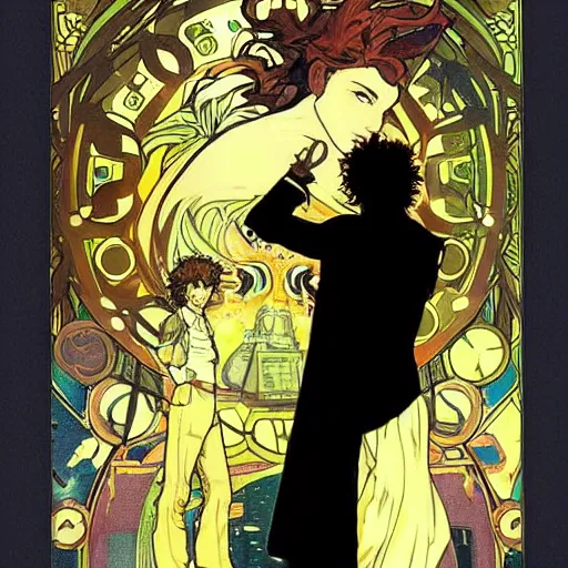 Image similar to concept art, silhouette of Spike Spiegel in front of Ganymede in the style of Alphonse Mucha and Hiroya Oku, very detailed, trending on artstation,