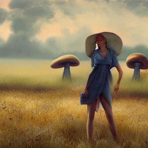 Image similar to a vogue model in a field of mushrooms, oil painting, pale colors, high detail, 8 k, wide angle, trending on artstation,