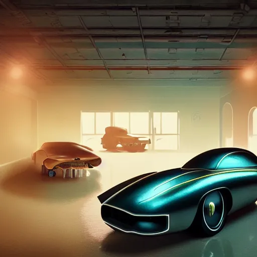 Image similar to retro futuristic shiny vintage cars in showroom, atmospheric lighting, painted, intricate, volumetric lighting, beautiful, daytime, sunny weather, slight overcast, sharp focus, deep colours, ultra detailed, by leesha hannigan, ross tran, thierry doizon, kai carpenter, ignacio fernandez rios