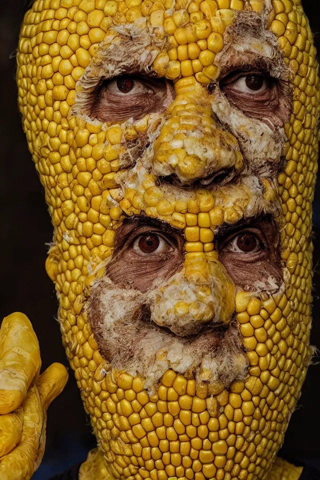 Image similar to portrait of corn - man, a man with skin made of corn, yellow, weird, 4 k