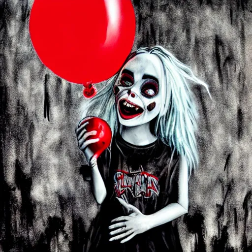 Image similar to grunge painting of a billie eilish with a wide smile and a red balloon by tim burton, loony toons style, pennywise style, corpse bride style, rick and morty style, creepy lighting, horror theme, detailed, elegant, intricate, conceptual, volumetric light