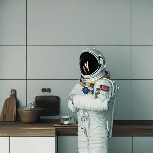 Image similar to a beautiful photo of an astronaut waiting in the kitchen, soft light, morning light, photorealistic, realistic, octane, 8k, cinematic shot