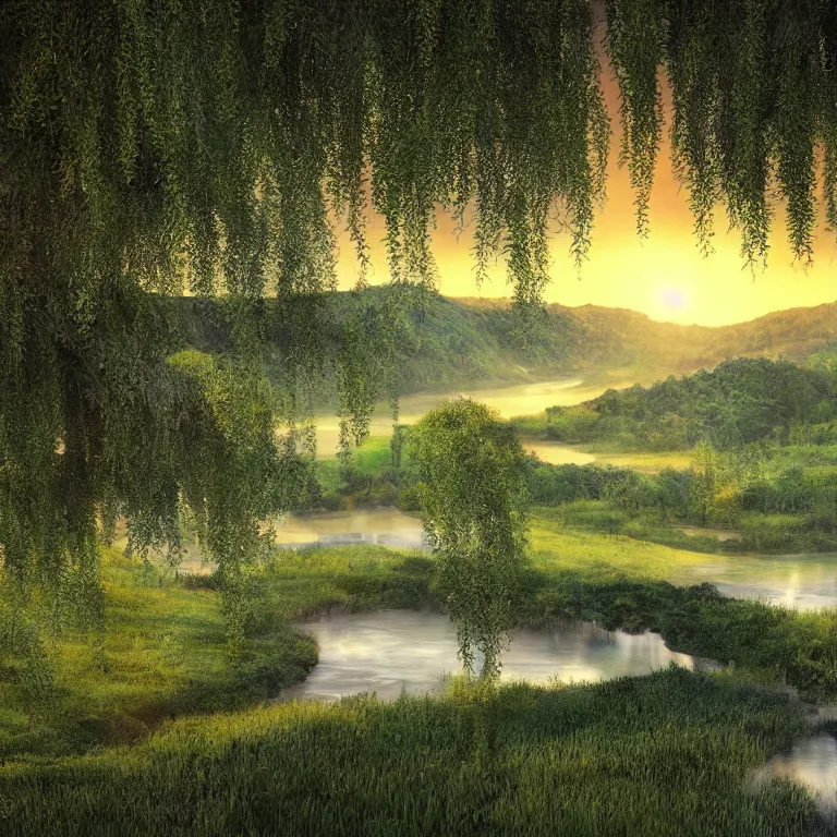 Prompt: featured on artstation majestic dark green willow tree overlooking swirling river valley at sunset, beautiful image stylized digital art