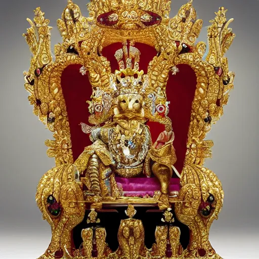 Prompt: a real duck king sitting on a gold throne decorated with many rubies and diamonds, detailed duck, duck king is wearing a gold crown and gold necklace, super realistic, 8k