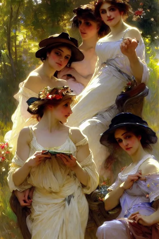 Prompt: group of ladies, painting by daniel gerhartz, alphonse mucha, bouguereau, detailed art, artstation