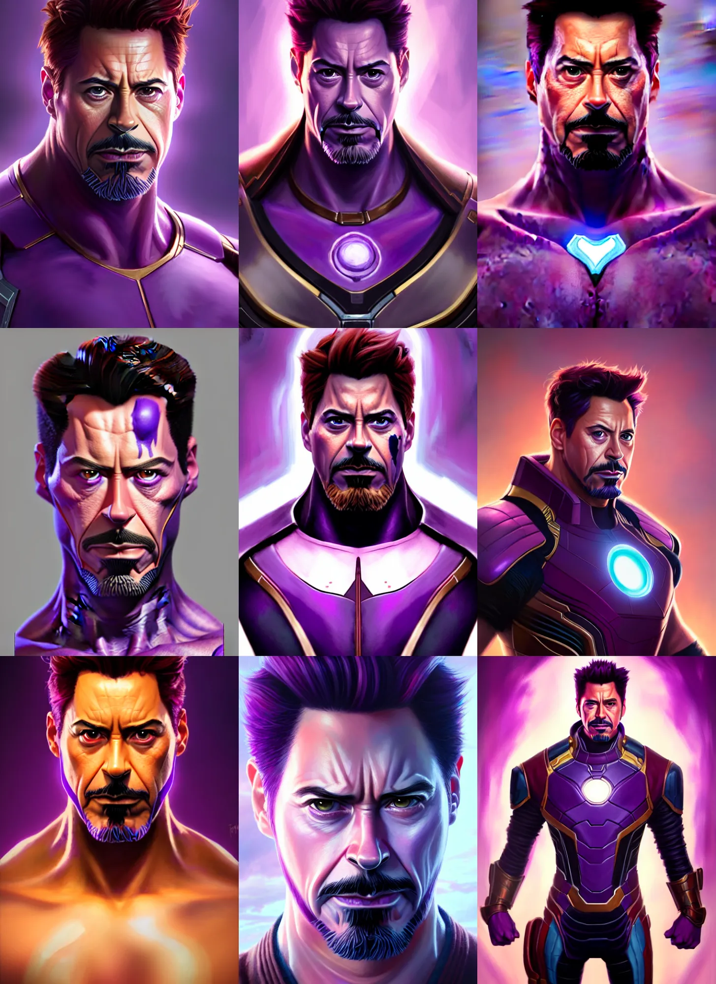 Prompt: a fantasy style portrait painting of tony stark with purple skin, powerful chin, thanos style traits, painting, unreal 5, daz., rpg, portrait, extremely detailed, artgerm greg rutkowski _ greg
