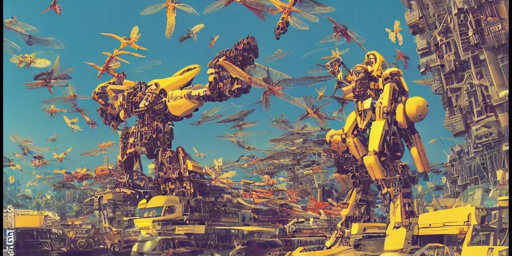 Image similar to risograph, gigantic mecha arzach birds with dragonflies, tiny rats, a lot of exotic animals around, big human faces everywhere, helicopters and tremendous birds, by satoshi kon and moebius, matte yellow colors, surreal design, crispy, super - detailed, a lot of tiny details, no blur, 4 k, fullshot