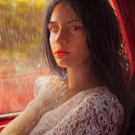 Image similar to anna carlos as a hot girl in a train, detailed lace dress, gorgeous face portrait, expressive oil painting, matte art, trending on artstation, rainy weather, train window