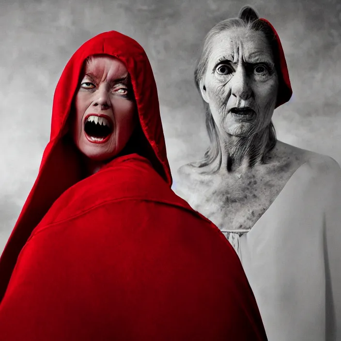 Image similar to closeup portrait of an angry woman in a red cloak, standing next to a red devil monster, by Annie Leibovitz and Steve McCurry, natural light, detailed face, CANON Eos C300, ƒ1.8, 35mm, 8K, medium-format print