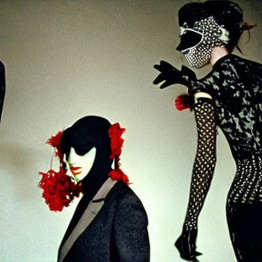 Image similar to 3 5 mm color photography, joel - peter witkin and stephen gammell, vogue shoot video still of masked giallo fashion show