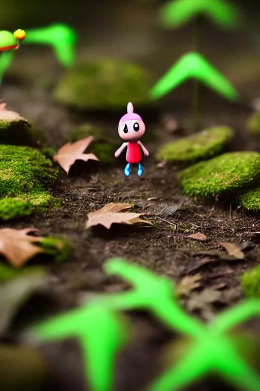 Image similar to claymation nintendo's pikmin on a forest floor, tilt shift photography