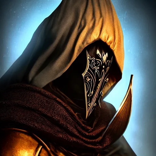 Prompt: a digital art close up portrait of hooded bard with porcelain mask in style of dark souls character, handsome warlock with magic character sheet, 4 k, ultra detail, volumetric lighting, unreal engine, octane render, grimdark