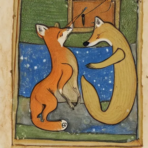 Image similar to anthropomorphic fox dueling with a wolf, illuminated manuscript