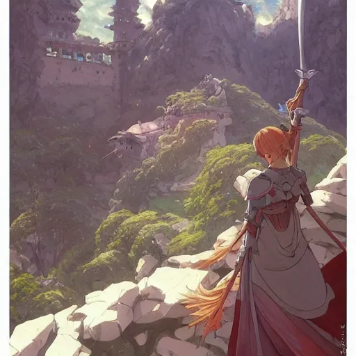 Image similar to the knight and the sword of rose petal, anime, castle core, mountains, rocky roads. by hayao miyazaki and rossdraws and artgerm and greg rutkowski and alphonse mucha and studio ghibli and ilya kuvshinov. high quality, stunning, intricate detailed environment. 8 k