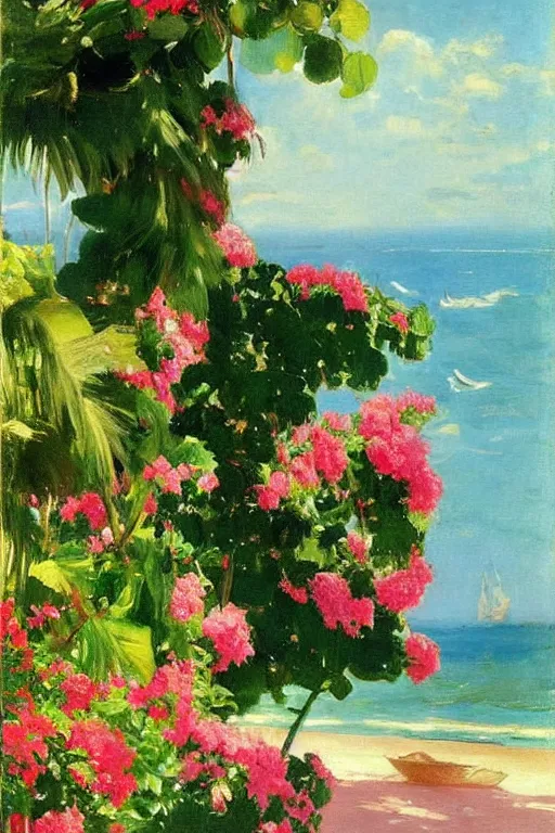 Prompt: beach, rose floating on the sea, a sun in the sky bougainvillea palms, painting by john singer sargent