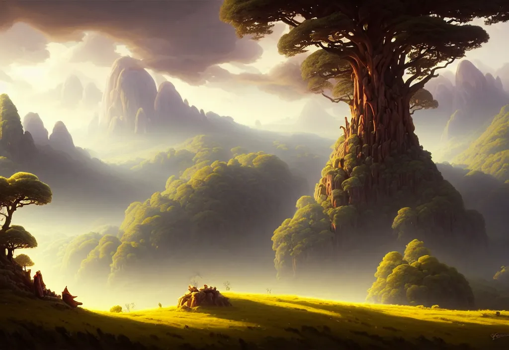 Prompt: dionisio landscape with lyra orpheus, high trees, top of the hill, above low layered clouds, deep focus, fantasy, intricate, elegant, highly detailed, digital painting, artstation, concept art, matte, sharp focus, illustration, hearthstone, art by rhads and artgerm and greg rutkowski and gediminas pranckevicius