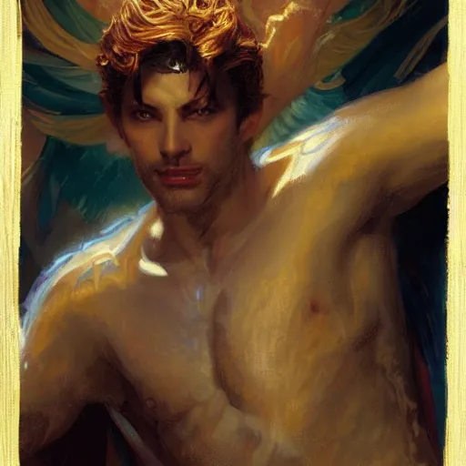 Image similar to attractive male deity casts light spell, summons attractive male lucifer morningstar. highly detailed painting by gaston bussiere, craig mullins, j. c. leyendecker 8 k