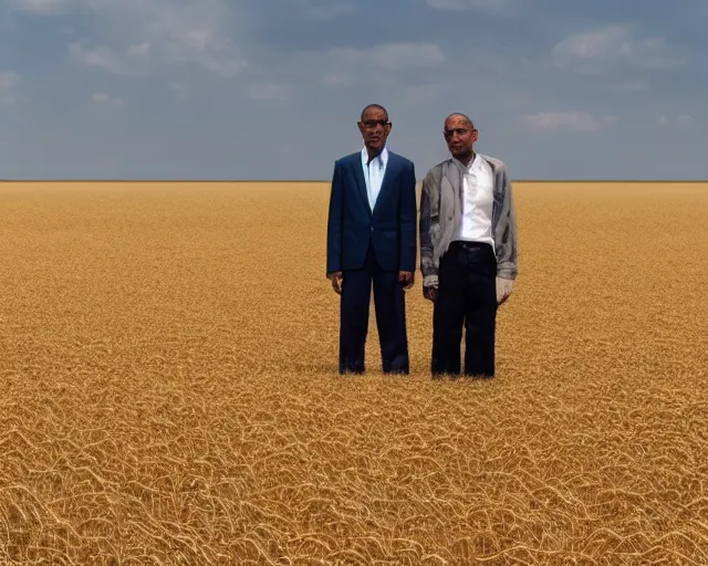 Image similar to extreme long shot of walter white and gustavo fring standing in front of each other from a distance in a wheat field, low angle, side view, 3 5 mm photograph, 8 k resolution, wide shot, sharp lens