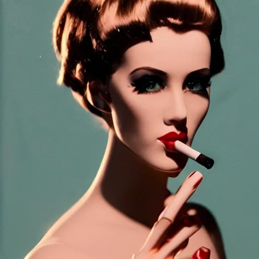 Prompt: beautiful portrait of a sultry female robot smoking a cigarette, film noir