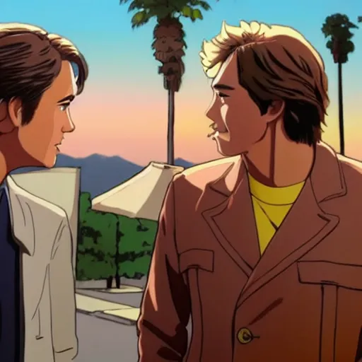 Image similar to anime still of once upon a time in hollywood art by Dice Tsutsumi, Makoto Shinkai, Studio Ghibli!!!!, Studio ghibli art style, art by Dice Tsutsumi, Makoto Shinkai, Studio Ghibli!!!!