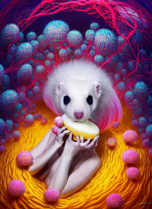 Image similar to hyper detailed 3d render like a Oil painting - kawaii portrait Aurora (white haired Singer Ferret) seen Eating of the Strangling network of yellowcake aerochrome and milky Fruit and Her delicate Hands hold of gossamer polyp blossoms bring iridescent fungal flowers whose spores black the foolish stars by Jacek Yerka, Mariusz Lewandowski, Houdini algorithmic generative render, Abstract brush strokes, Masterpiece, Edward Hopper and James Gilleard, Zdzislaw Beksinski, Mark Ryden, Wolfgang Lettl, hints of Yayoi Kasuma, octane render, 8k