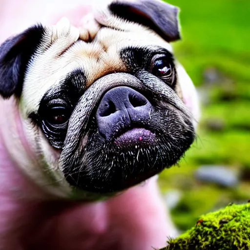 Prompt: Pig-pug-tardigrade hybrid pet gladly munching moss in a field, family photograph, heartwarming