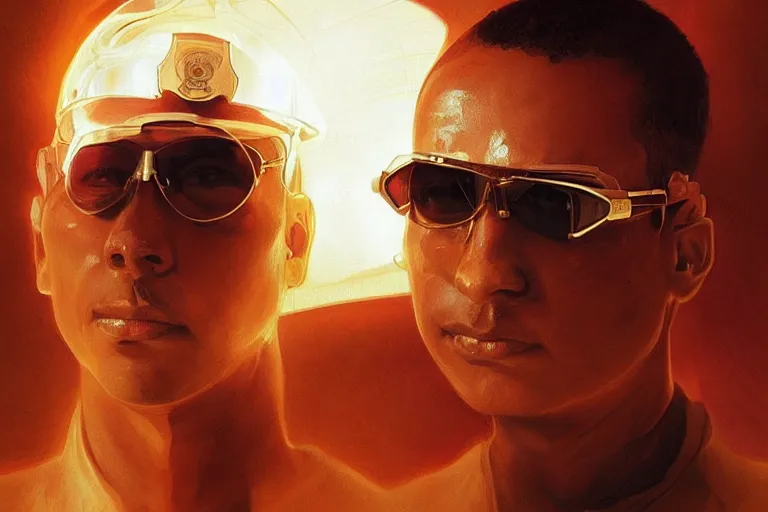 Image similar to Beautiful portrait of a translucent body glowing male police officer wearing cool shades. wide angle, magic, fire, darkness, dramatic lighting, Africa, intricate, wild, highly detailed, digital painting, artstation, concept art, smooth, sharp focus, illustration, art by artgerm and greg rutkowski and alphonse mucha, footage from space camera