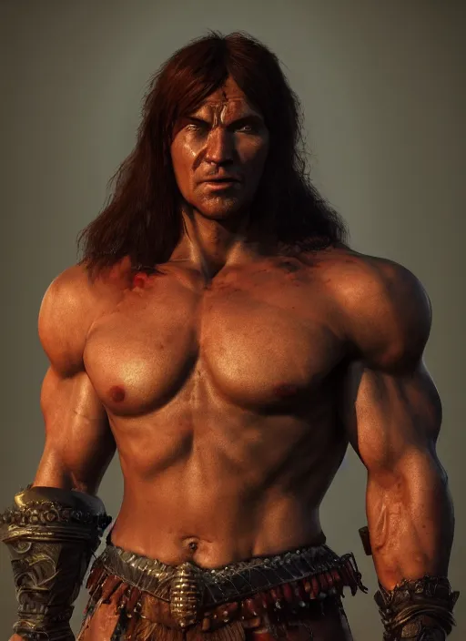 Prompt: comic book style portrait painting of a conan the barbarian in a stunning fantasy setting, unreal 5, DAZ, hyperrealistic, octane render, dynamic lighting