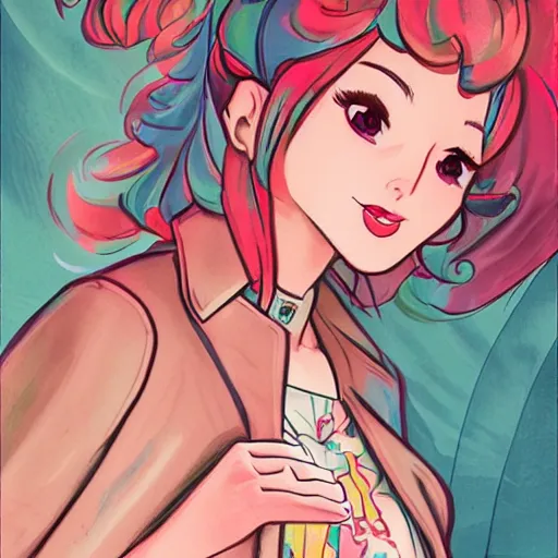 Image similar to female character inspired by 9 0's fashion and by madeline from celeste, art by rossdraws