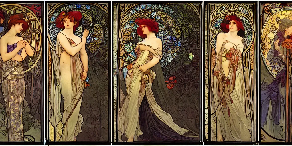 Prompt: dusk and night and dawn, art triptych by alphonse mucha, intricate stained glass