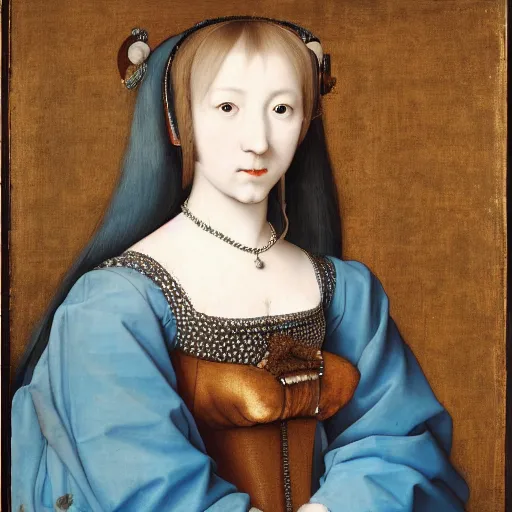 Image similar to a portrait of the young lady hatsune miku of the house lancaster by hans holbein, blue eyes, blue hair, porcelain skin, national portrait gallery, painting