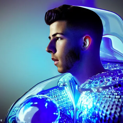 Prompt: futuristic handsome Nick Jonas as a prince made of glass wearing a hypersonic cape in an onyx aztec temple, reclining, glowing blue face, futuristic, oozing glowing liquid, blue diamonds, very detailed render, cosmic lighting