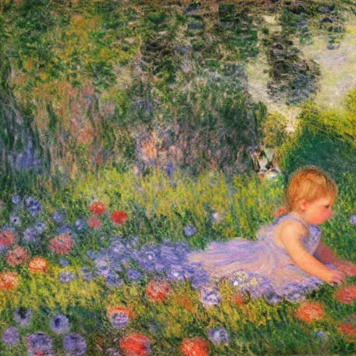 Prompt: A baby girl crawling in a fantasy garden with fairy around, oil painting, detailed, art by Claude Monet