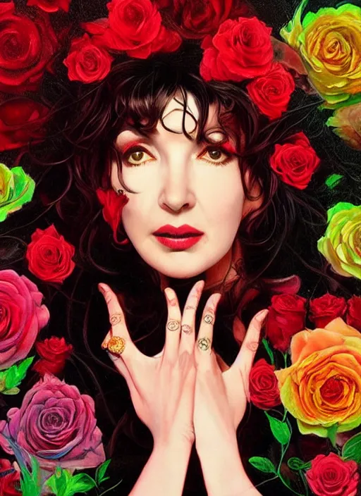 Prompt: portrait of kate bush against a neon multicolored background, lush black hair, pale skin, red roses, flowing material, intricate, beautiful cinematic lighting, stunning painting by caravaggio, android jones, wadim kashin