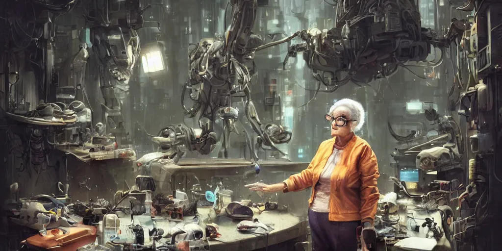 Image similar to an environmental concept art of an elderly woman cyberneticist in a messy workshop by artgerm and greg rutkowski, surgical implements, surgery theatre, robotic arm, blood spatter, highly detailed, cinematic, dramatic, cyberpunk, dieselpunk, scifi space station, horror, ( bladerunner 2 0 4 9, cyberpunk 2 0 7 7 )