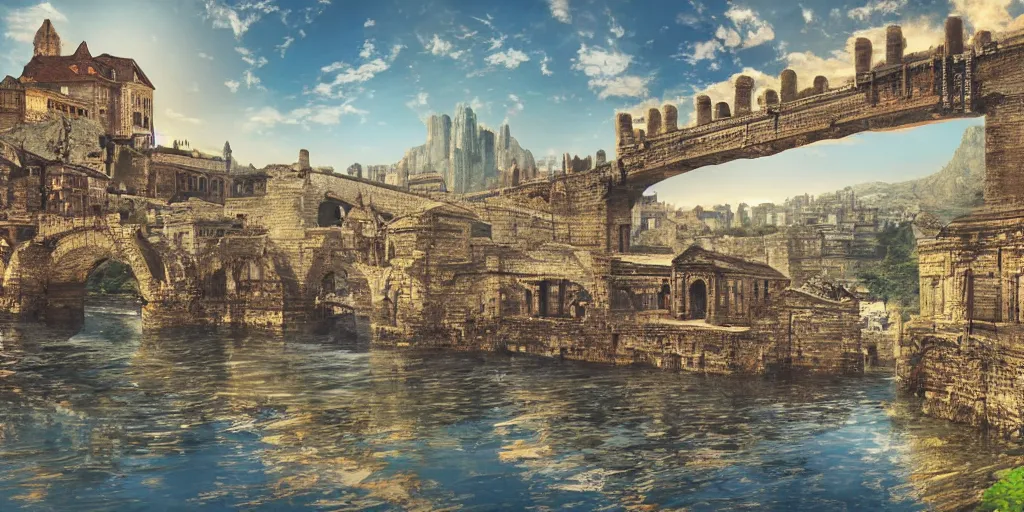 Prompt: Illustration, single long narrow huge ancient city on a narrow sky high bridge, over water, really long, all buildings on bridge