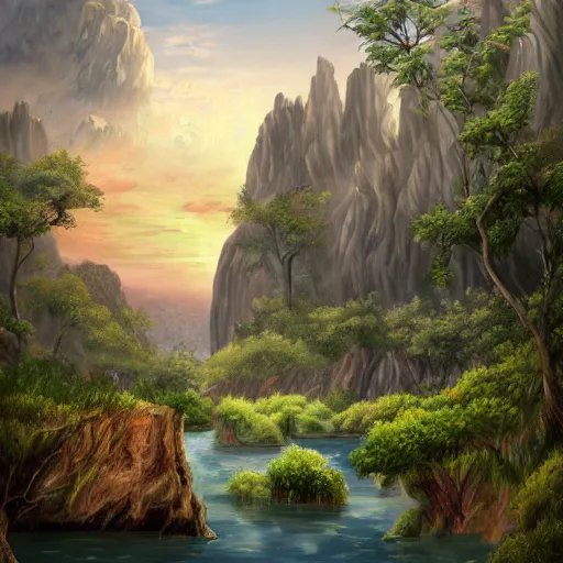 Prompt: painting of a lush natural scene on an alien planet featured on deviantart. beautiful landscape. weird vegetation. cliffs and water.