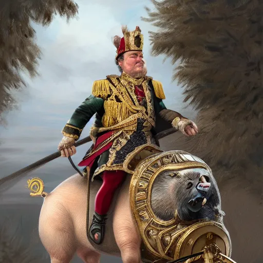 Image similar to an extremely realistic portrait depicting hungarian king viktor orban dressed in royal national costume, riding a pig on the frozen danube, detailed, intricate, elegant, highly detailed, digital painting, artstation, concept art, smooth, sharp focus, illustration,