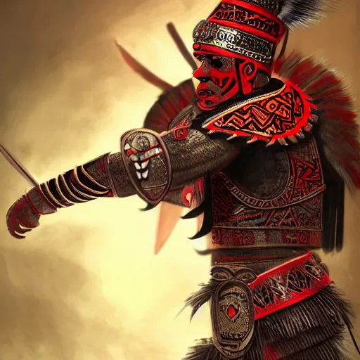 Image similar to aztec warrior in a ornated armor preparing for war, full body, dynamic pose, red and black neon, concept art, intricate details, highly professionally detailed, cgsociety, highly detailed -