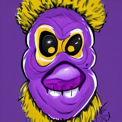 Image similar to a g. 0 ree. 0. tennis ball monster in a purple pimp coat, black and gold, digital art, fantasy, magic, chalk, trending on artstation, ultra detailed, professional illustration by basil gogos