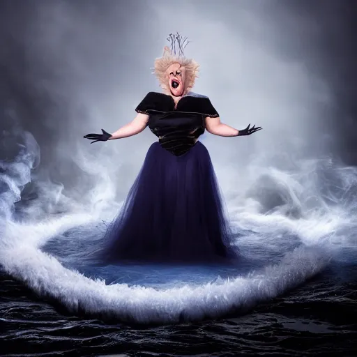 Image similar to Trump as Ursula the sea witch, 8k, professional photography, cinematic studio shot, dark, smoke