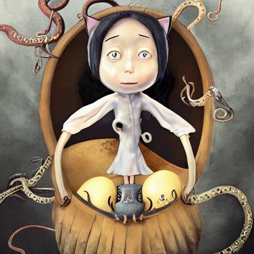 Prompt: hieronymus bosch, studio ghibli, coraline painting of a little girl with cat ears coming out of the abyss smiling and surrounded by tentacles, highly detailed, cinematic, smooth, sharp focus, trending on artstation, 8 k