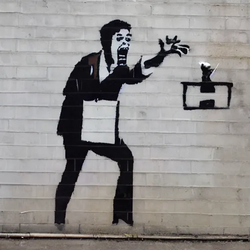 Prompt: a banksy style street art of a physician screaming at a computer